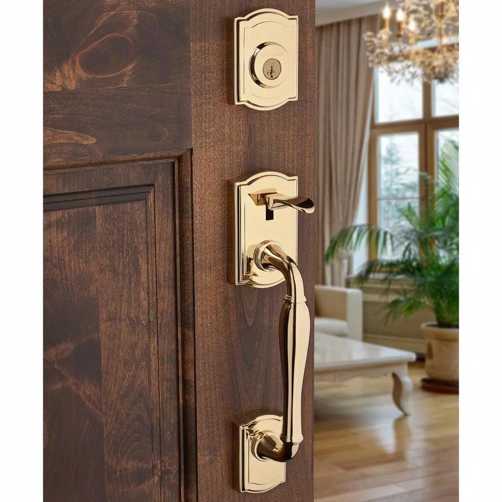 Baldwin Prestige Wesley Single Cylinder Door Handleset with Alcott Knob, Lifetime Polished Brass