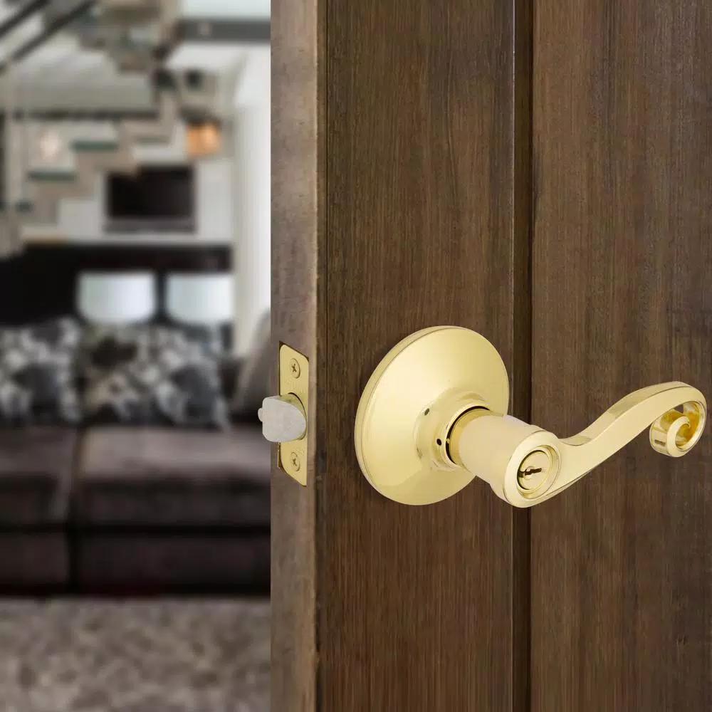 Defiant Scroll Keyed Entry Door Lever, Polished Brass