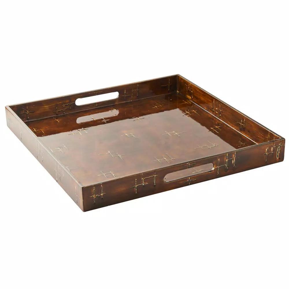 Abigails Brown Wooden Lacquer Square Serving Tray with Basket Weave Pattern, 17.75 in.