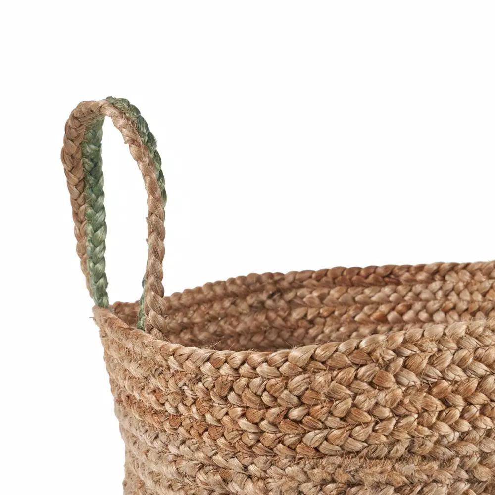 LR Home Wise Braided Natural Jute Decorative Basket with Handles, Green/Beige