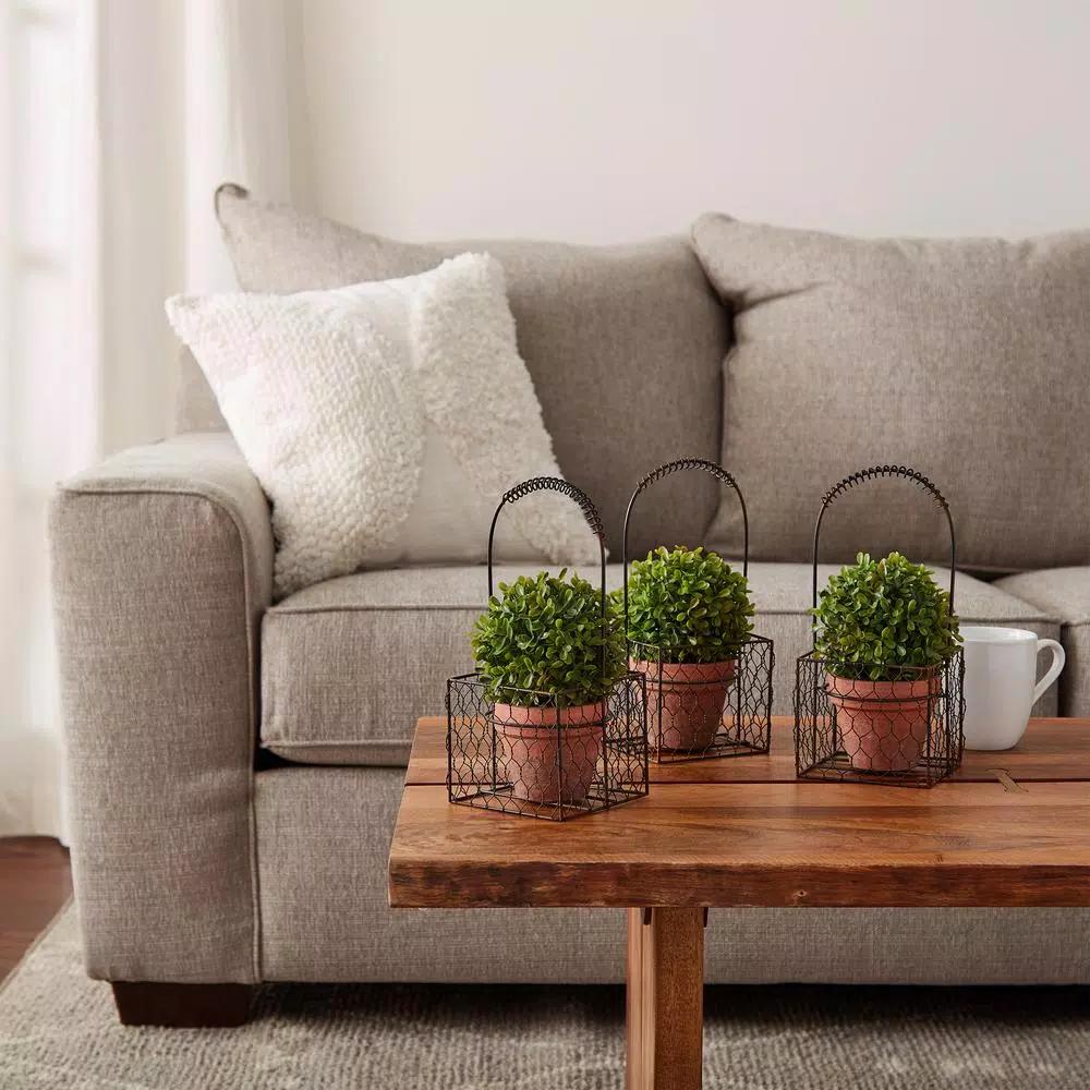 Pure Garden 9.5 in. Faux Boxwood Topiary Arrangement with Decorative Metal Wire Baskets (Set of 3)