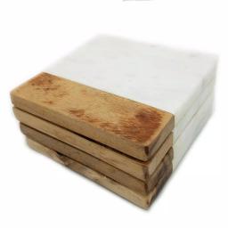 Unbranded Jodhpuri 4-Piece Opal White Marble and Acacia Wood Coaster Set thumbnail 1