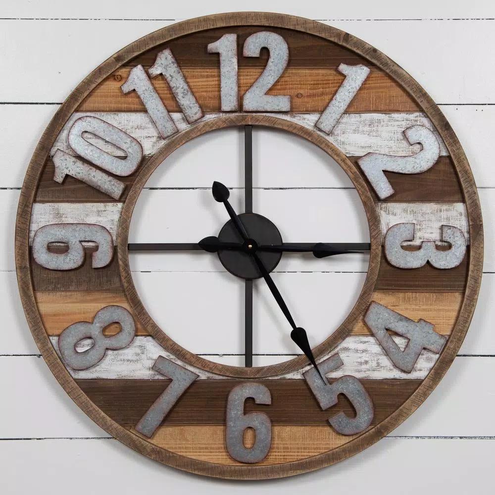 Pinnacle 33 in. Rustic Reclaimed Wood and Metal Round Wall Clock - Farmhouse Style