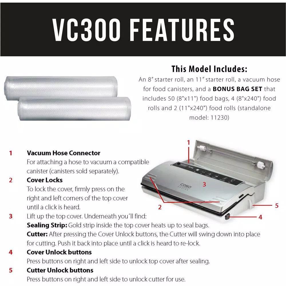 Caso VC 300 Food Vacuum Sealer with Food Management App and Bonus Bag & Roll Set, Silver/Black