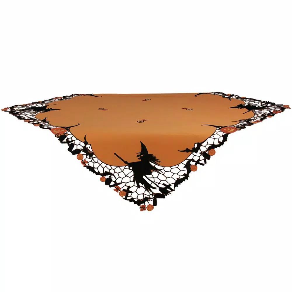 Xia Home Fashions Witch Embroidered Cutwork Halloween Table Topper, 34 x 34 in., Orange