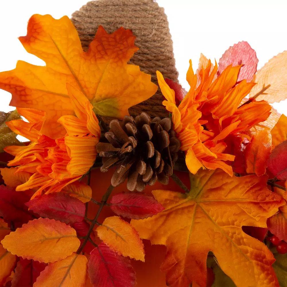 Glitzhome 20.28 in. Wooden Fall Pumpkin Decor with Floral Accents - Standing or Hanging