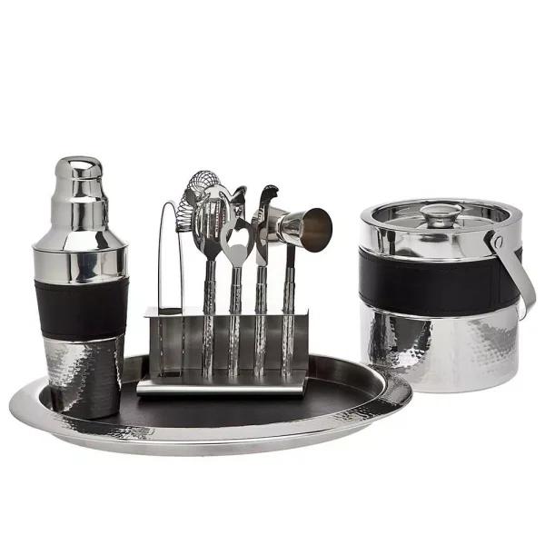 Godinger 9-Piece Black Leather and Hammered Stainless Steel Barware Set with Round Tray