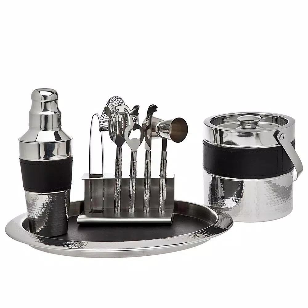 Godinger 9-Piece Black Leather and Hammered Stainless Steel Barware Set with Round Tray