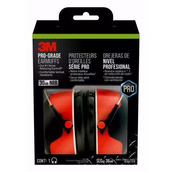 3M Pro-Grade Earmuffs, High NRR 30dB Hearing Protection, Red and Black