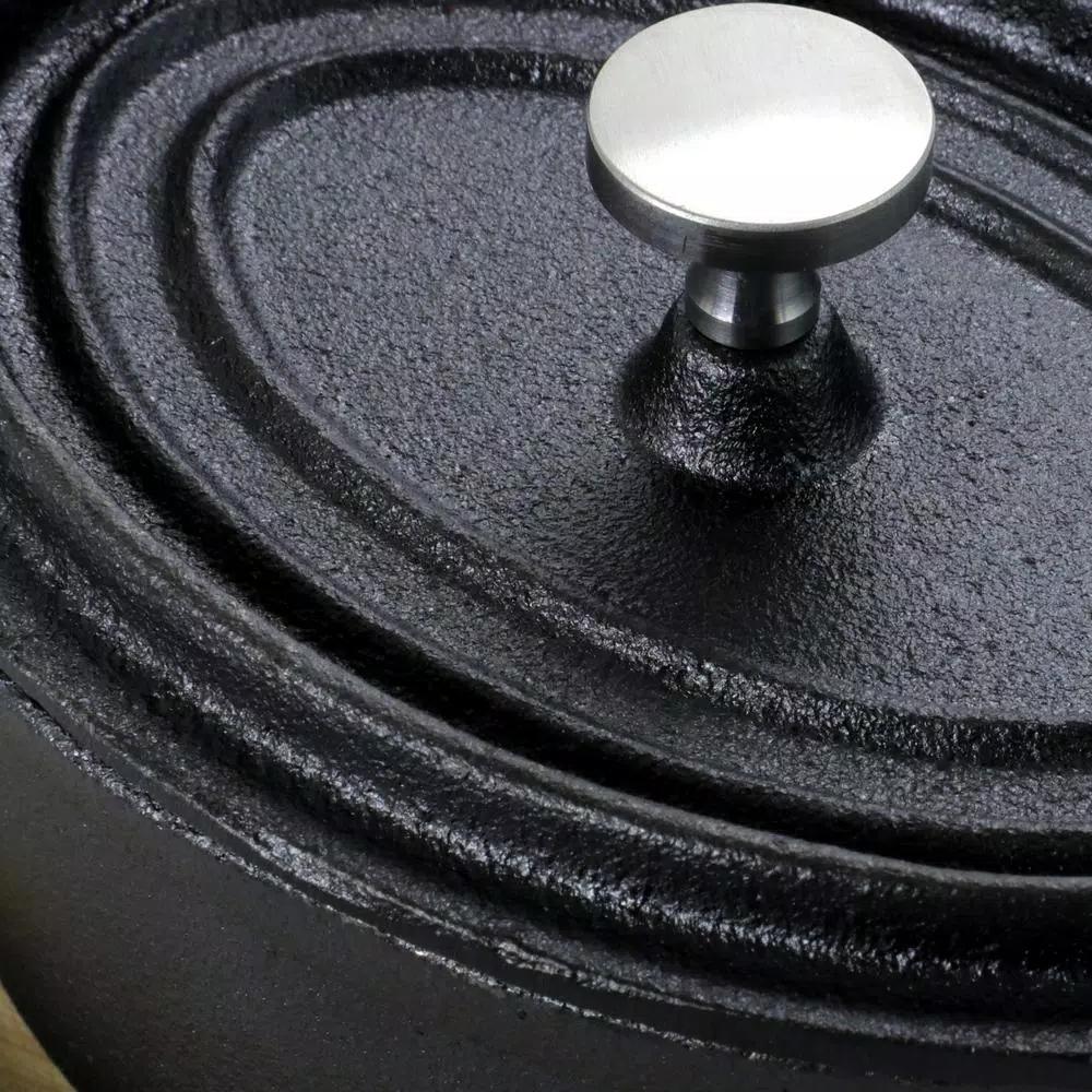 Gibson Home Campton 0.35 qt. Oval Cast Iron Mini Casserole Dish with Lid and Wood Base, Black