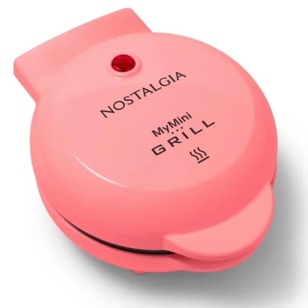 Nostalgia MyMini Personal Electric Grill, 25 sq. in. Cast-Iron Smokeless Grill, Coral Pink