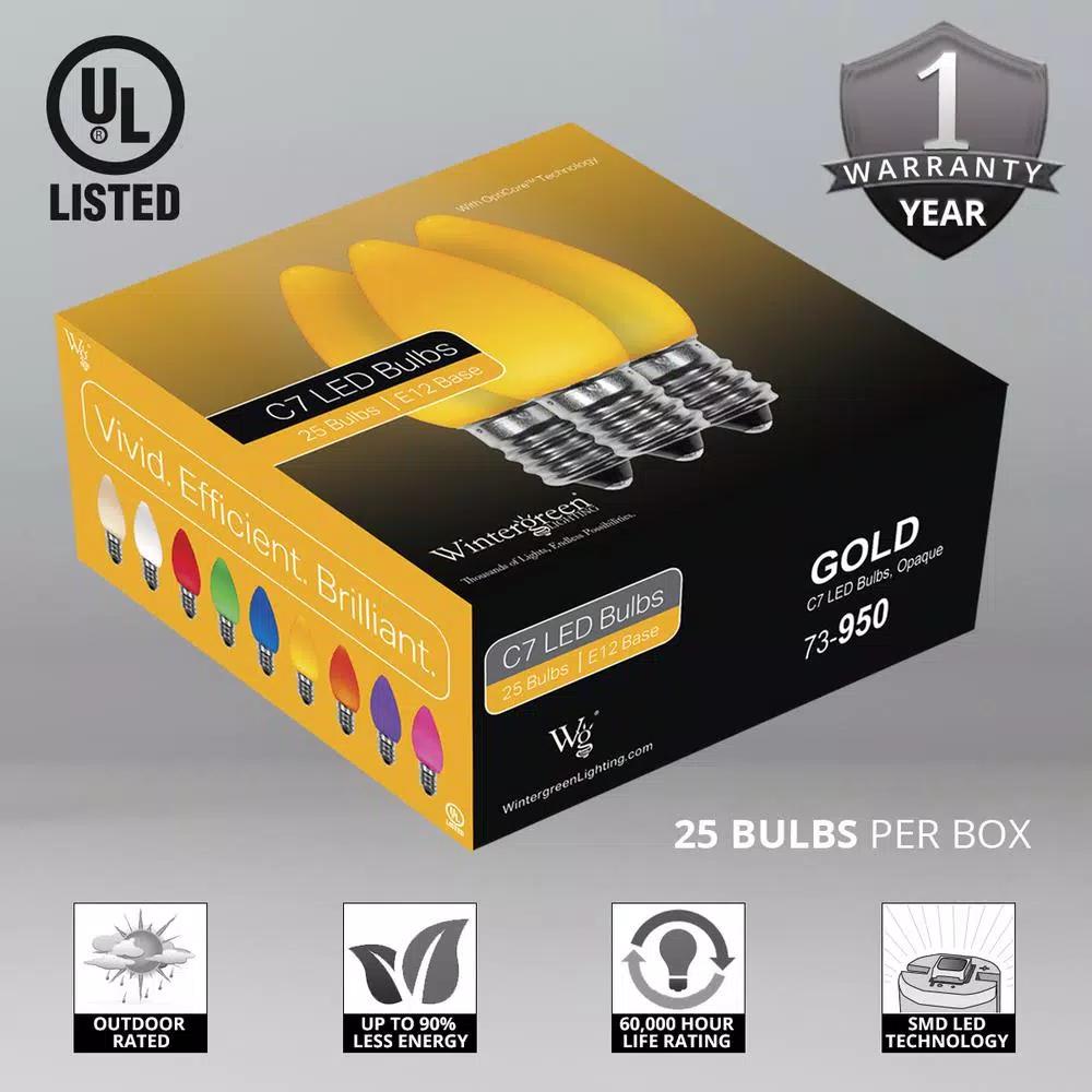 Wintergreen Lighting OptiCore C7 LED Gold Smooth Opaque Christmas Light Bulbs, 25-Pack