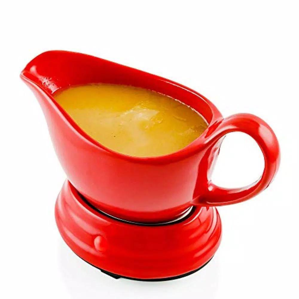 Ovente 16 oz. Red Electric Gravy Warmer with Detachable Ceramic Boat