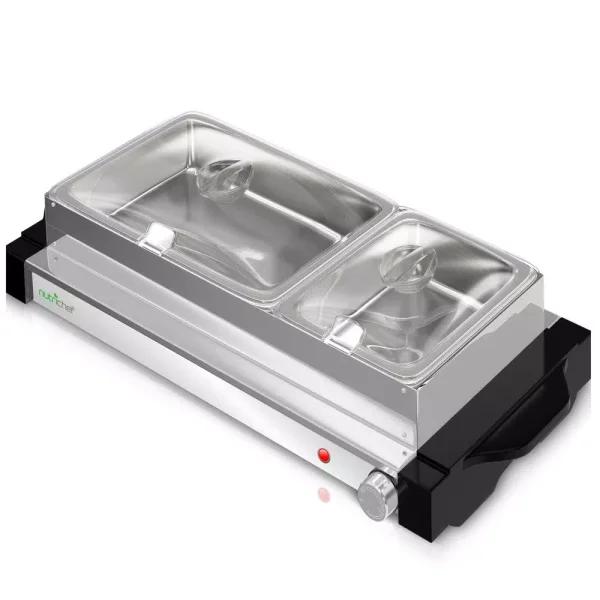 NutriChef 21.9 in. Stainless Steel Dual Plate Electric Food Warming Tray Buffet Server