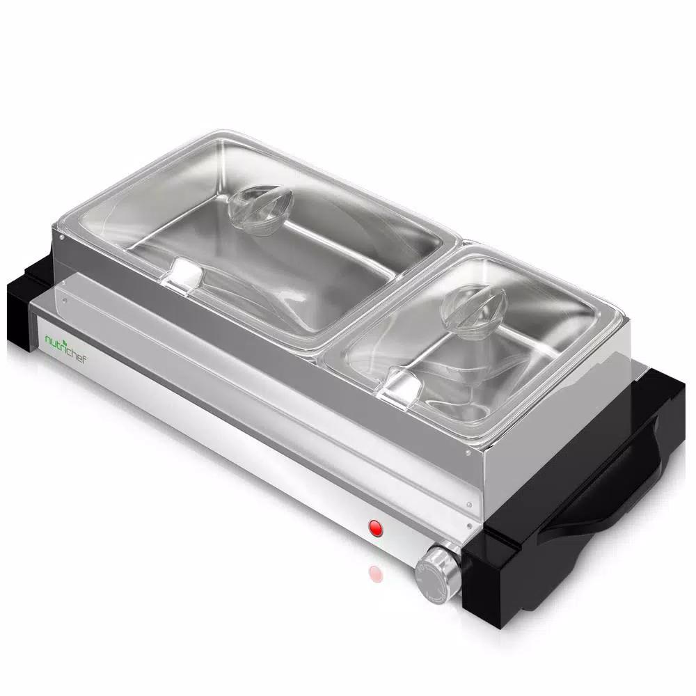 NutriChef 21.9 in. Stainless Steel Dual Plate Electric Food Warming Tray Buffet Server