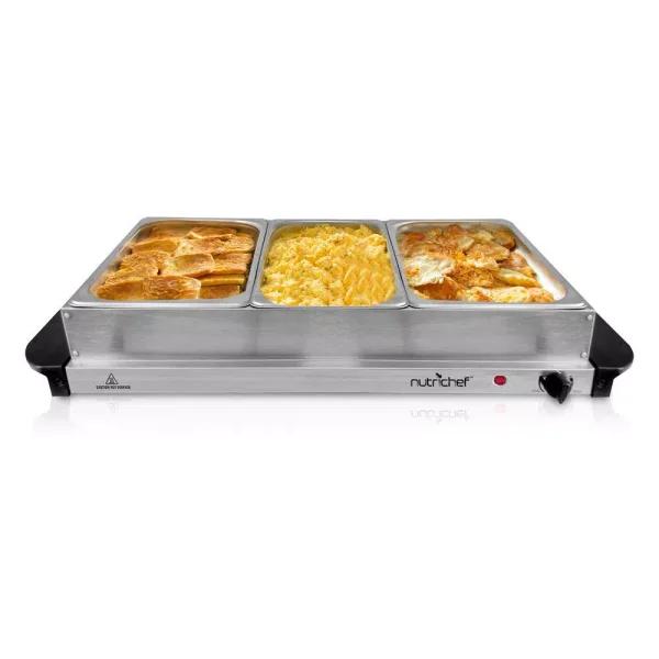NutriChef 3-Burner 15 in. Stainless Steel Buffet Server and Hot Plate Food Warming Tray