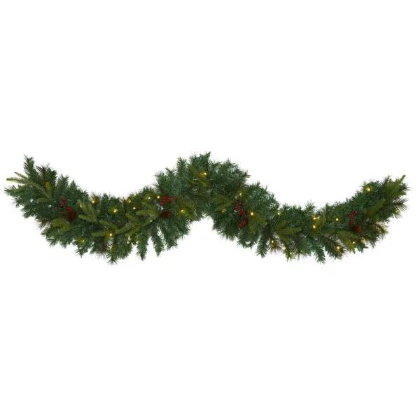 Nearly Natural 6 ft. Pre-lit Mixed Pine Artificial Christmas Garland with LED Lights, Berries and Pinecones