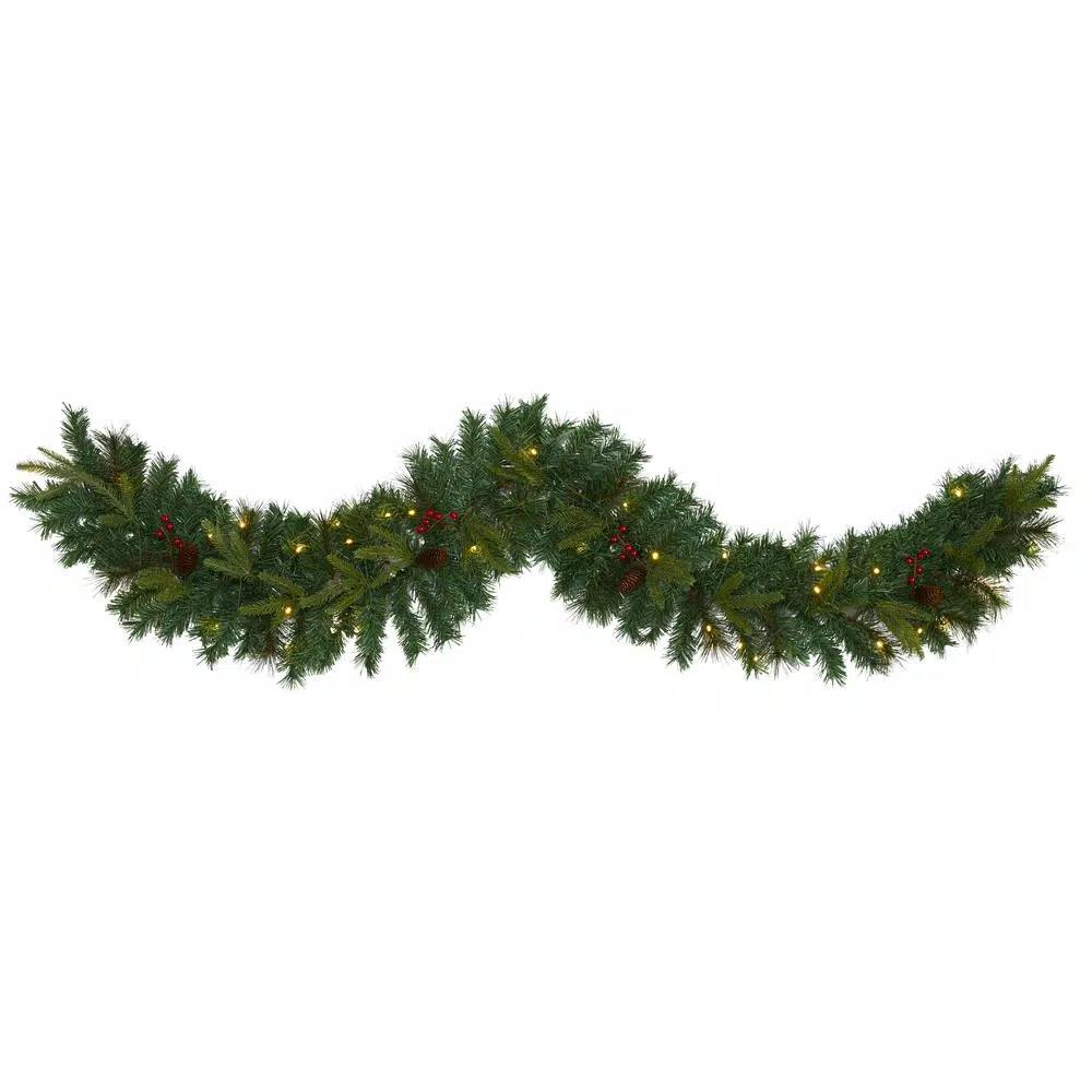 Nearly Natural 6 ft. Pre-lit Mixed Pine Artificial Christmas Garland with LED Lights, Berries and Pinecones