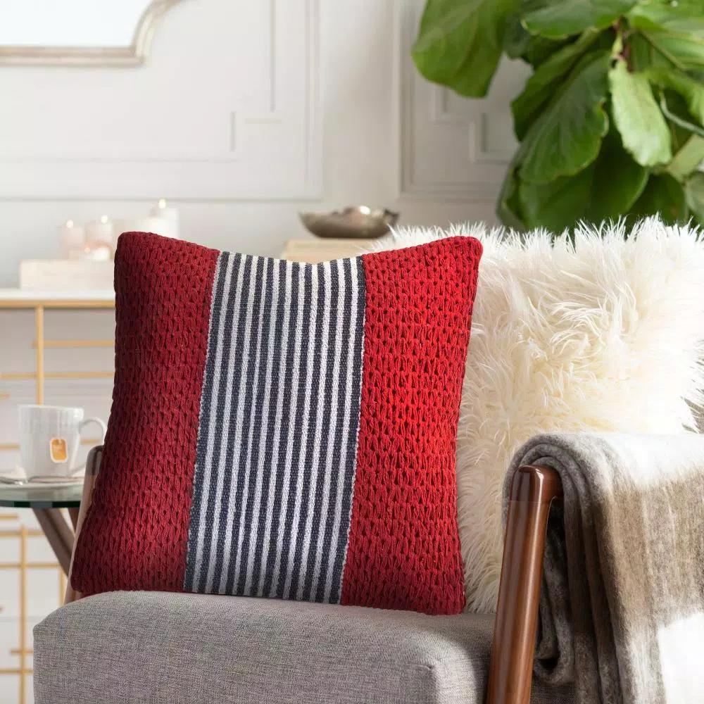 LR Home Bright Red Striped Throw Pillow, 20 in. x 20 in. Textured Cotton Accent Pillow