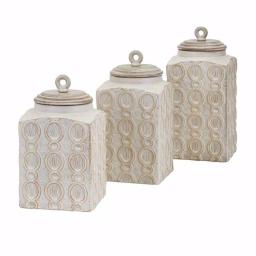 Benjara Dreanna 3-Piece White Ceramic and Mango Wood Canister Set with Distressed Cream Finish thumbnail 6