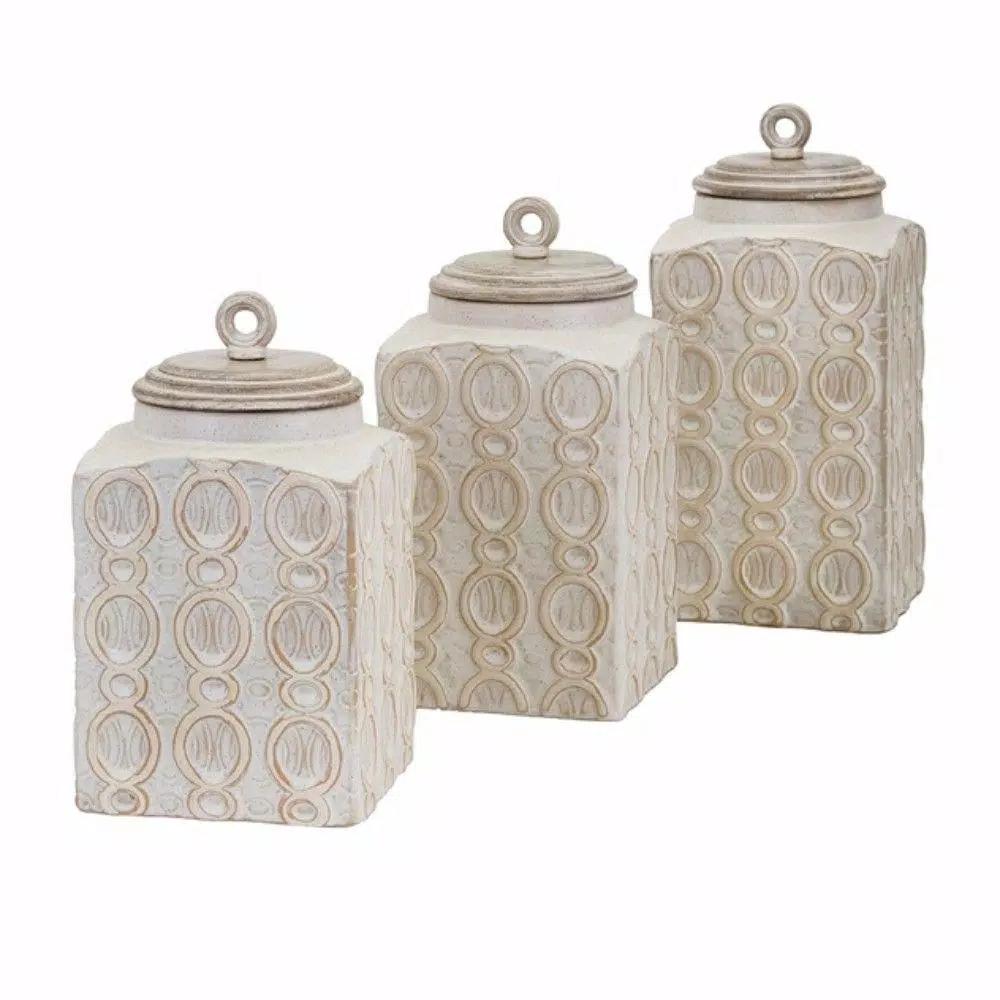 Benjara Dreanna 3-Piece White Ceramic and Mango Wood Canister Set with Distressed Cream Finish