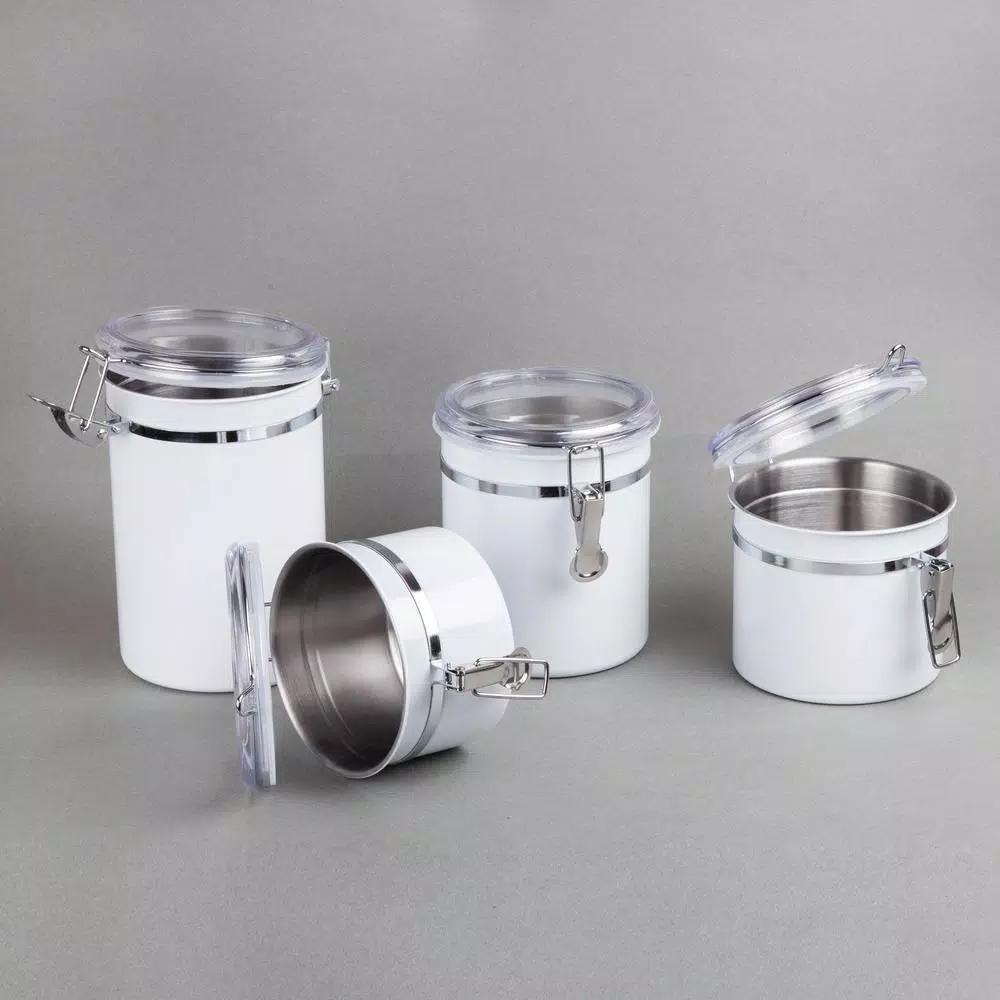 Creative Home 4-Piece White Stainless Steel Canister Set with Airtight Locking Clamp Lids