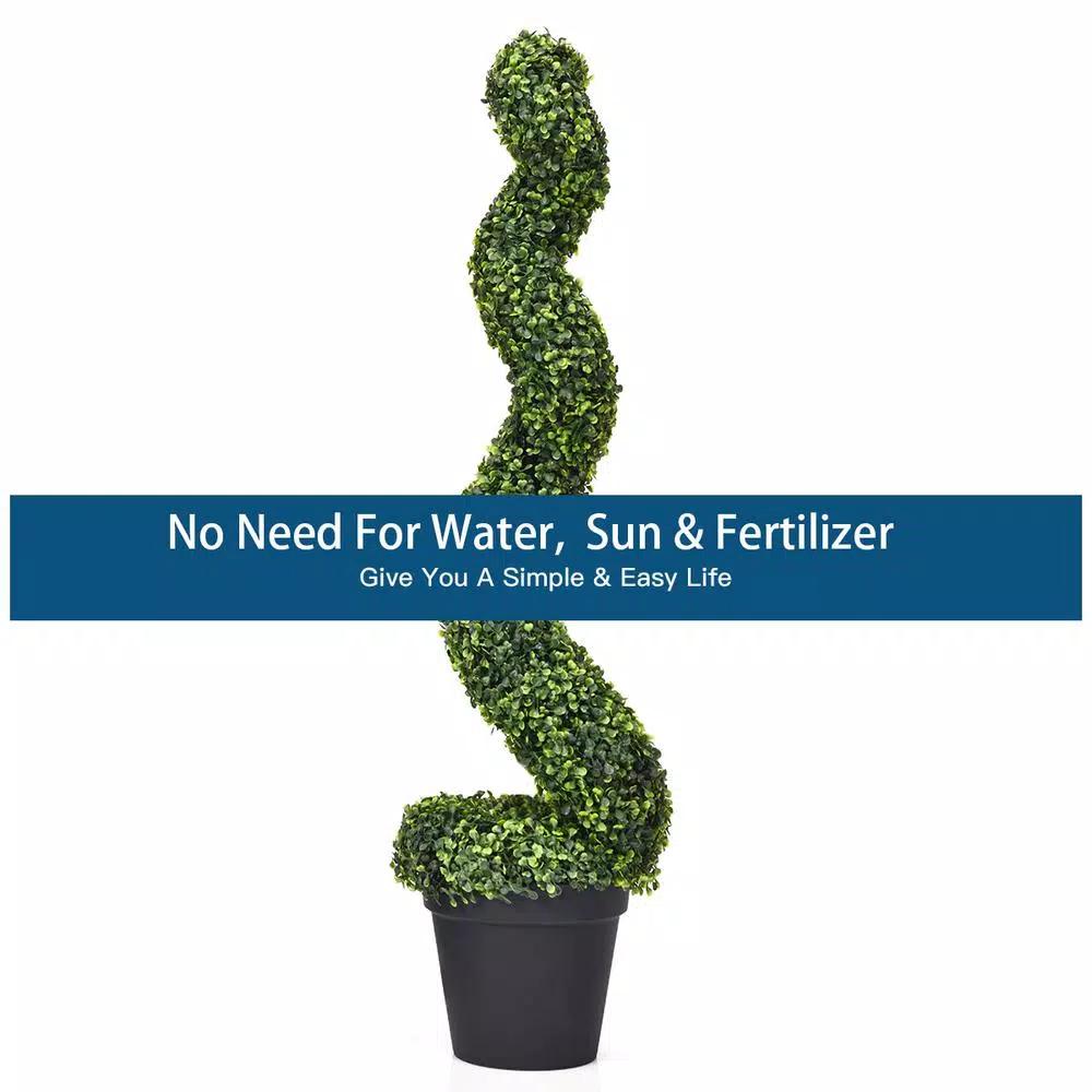 Costway Artificial Boxwood Spiral Topiary Tree Set of 2 - Indoor/Outdoor Decorative Plants with Cement Pot