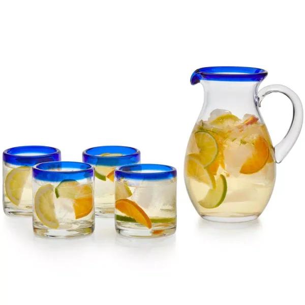 Libbey Sangria 5-Piece Glass Pitcher and Rocks Glass Set with Blue Accents