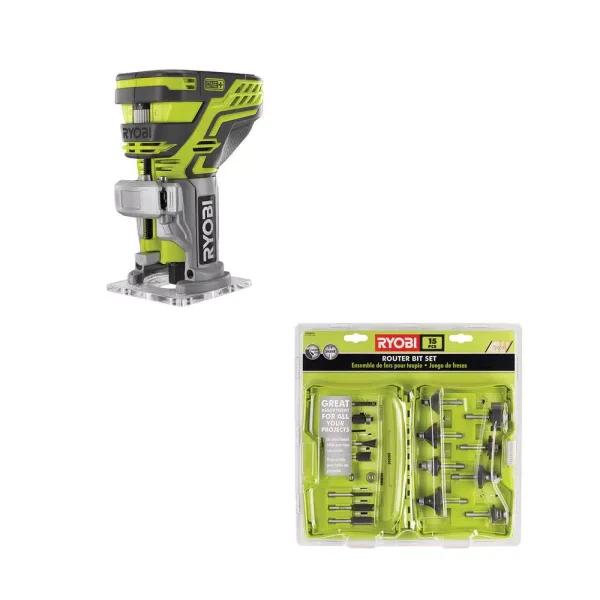 RYOBI 18V ONE+ Cordless Fixed Base Trim Router with 15-Piece Carbide Bit Set