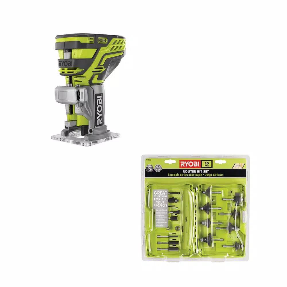 RYOBI 18V ONE+ Cordless Fixed Base Trim Router with 15-Piece Carbide Bit Set