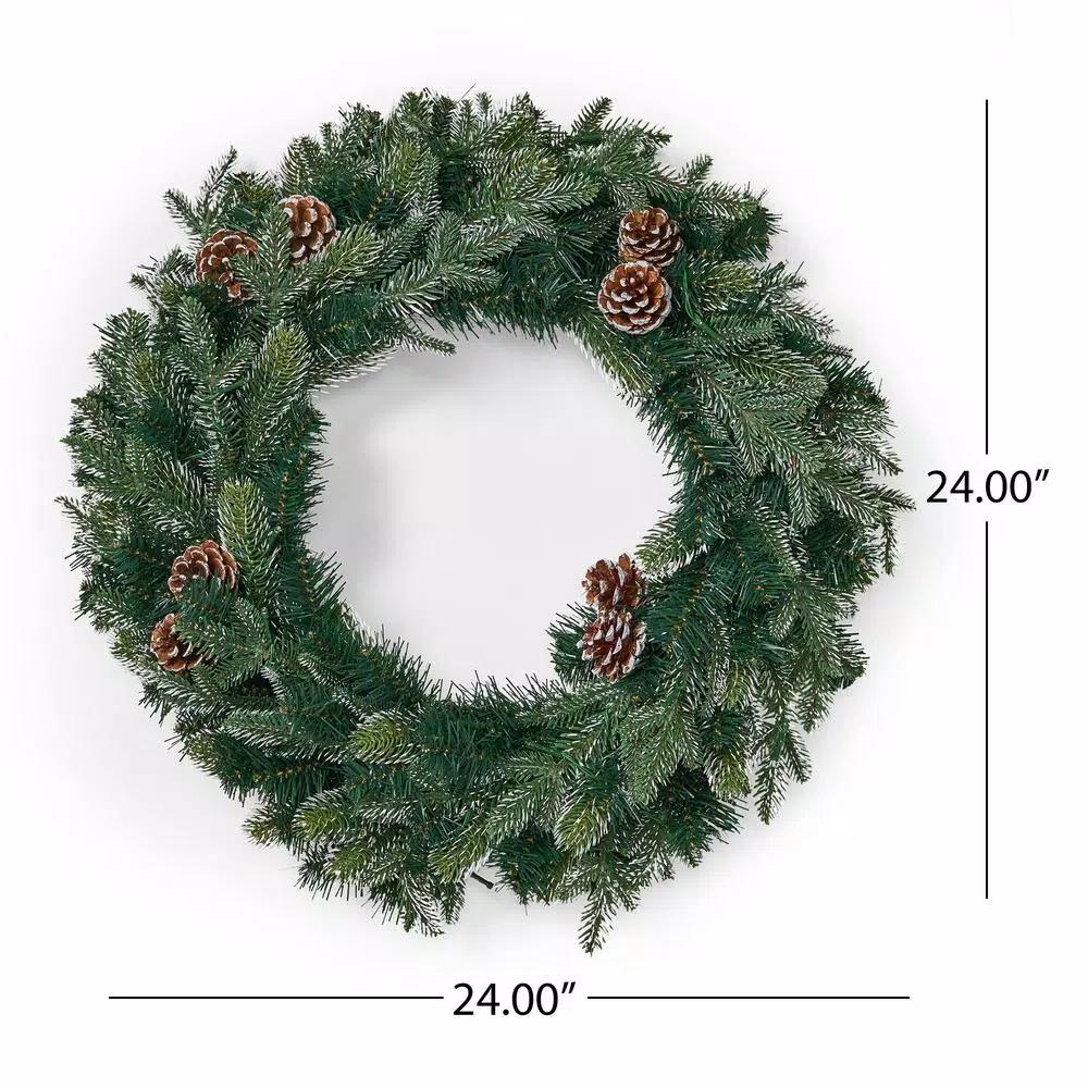Noble House 24 in. Mixed Spruce Artificial Christmas Wreath with Pine Cones and Warm White LED Lights