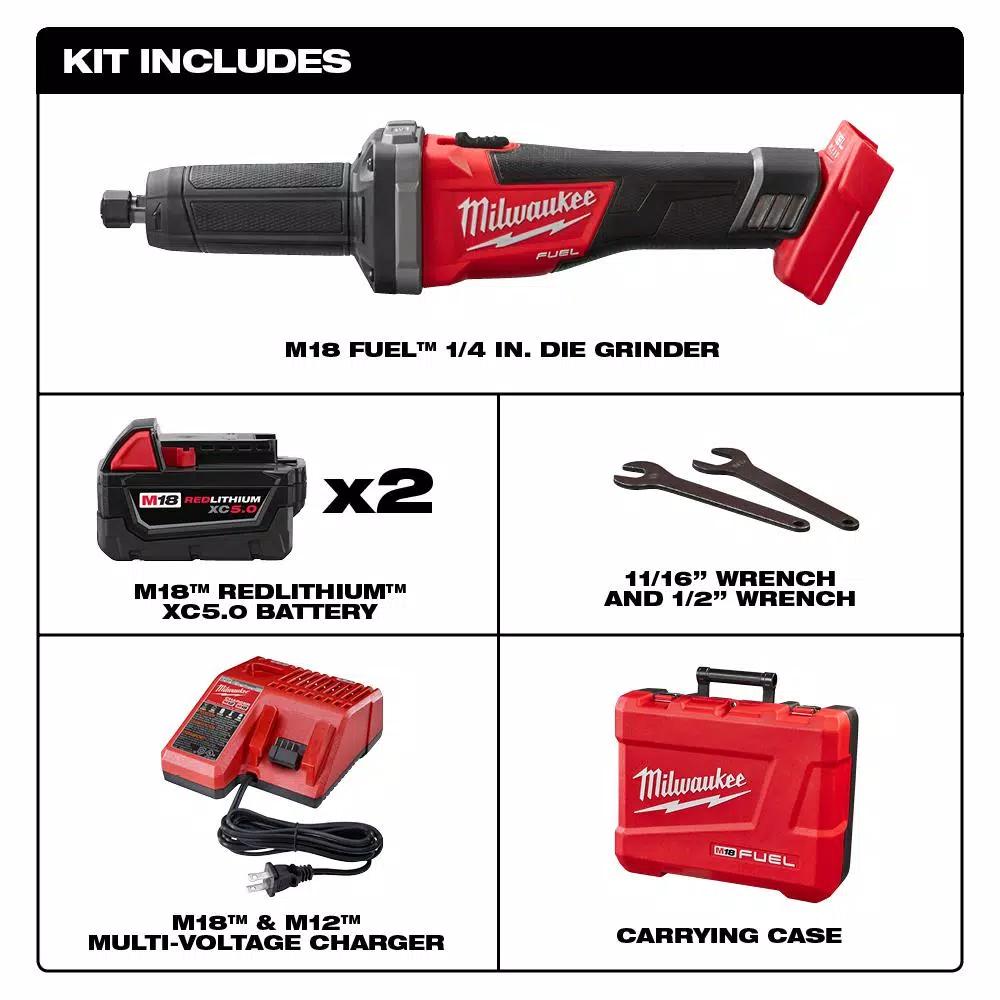 Milwaukee M18 FUEL 1/4 in. Brushless Cordless Die Grinder Kit with Two 5.0 Ah Batteries and Charger