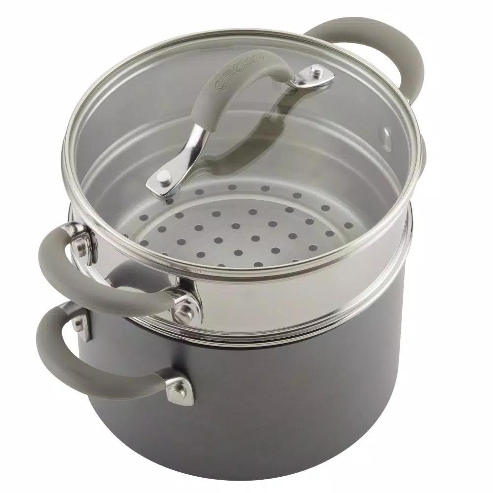 Circulon Elementum 3 Qt. Hard-Anodized Nonstick Covered Multipot with Steamer Insert, Oyster Gray