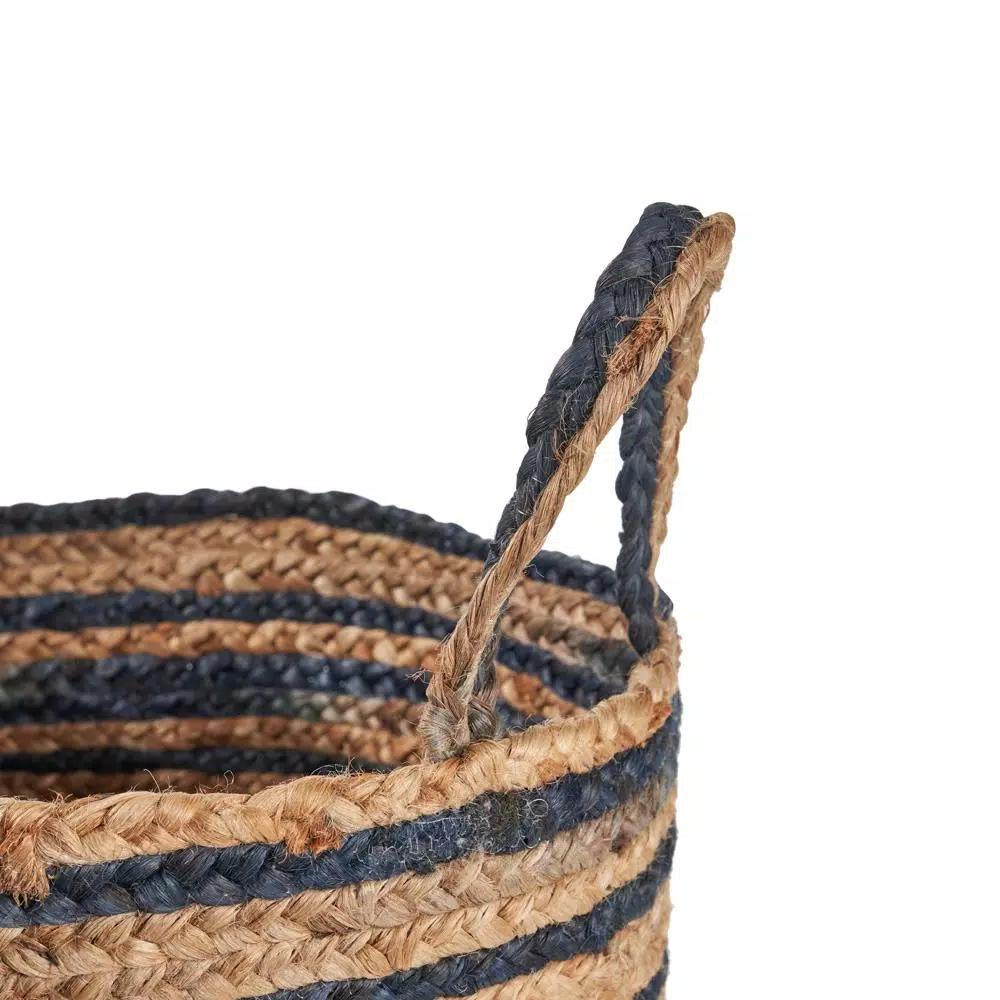 LR Home Wonder Striped Braided Navy Blue Natural Jute Decorative Storage Basket with Handles