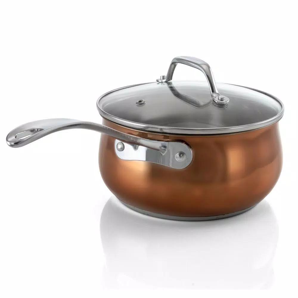Oster Carabello 2.6 Qt. Stainless Steel Nonstick Saucepan with Glass Lid, Copper