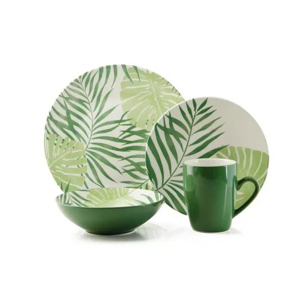Thomson Pottery Palm Leaf 16-Piece Green Ceramic Stoneware Dinnerware Set, Service for 4