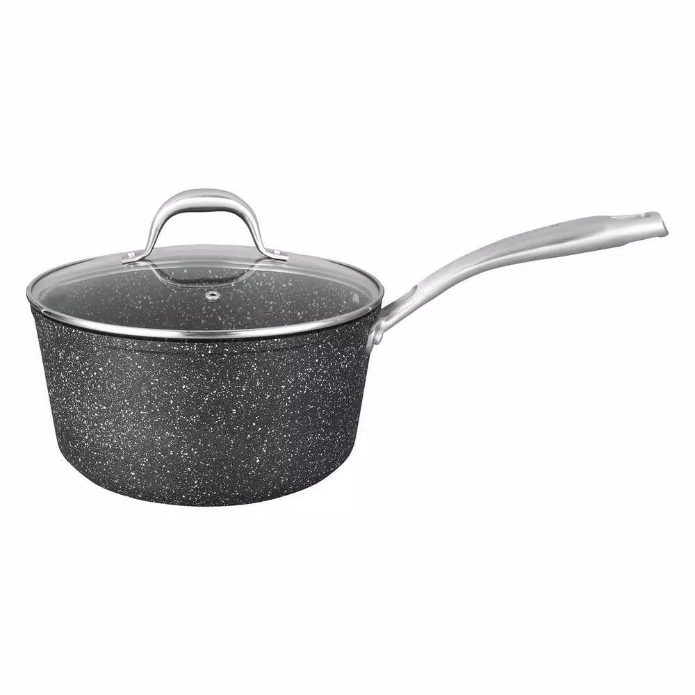 MasterPan Granite Ultra 2 qt. Cast Aluminum Nonstick Saucepan with Glass Lid, Black