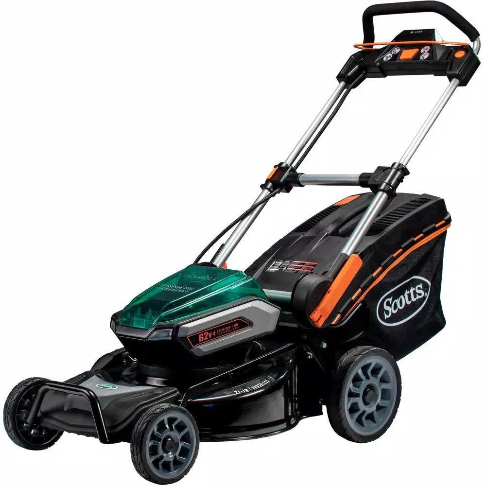 Scotts 21 in. 62V Cordless Lithium-Ion Battery Walk Behind Push Mower with 5 Ah Battery and Charger
