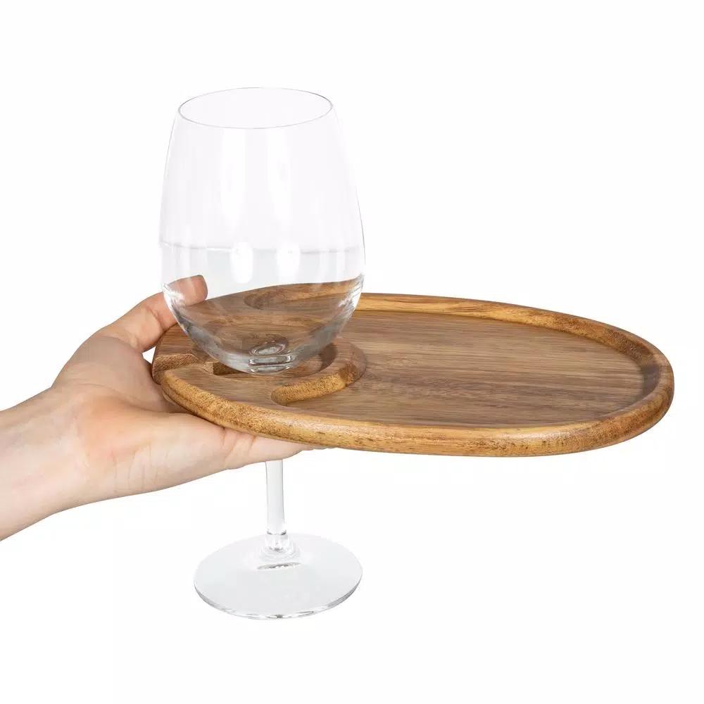 Picnic Time Acacia Wood Wine & Appetizer Plates with Glass Notch - Set of 4