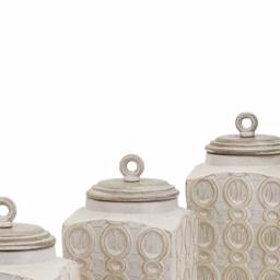 Benjara Dreanna 3-Piece White Ceramic and Mango Wood Canister Set with Distressed Cream Finish thumbnail 4