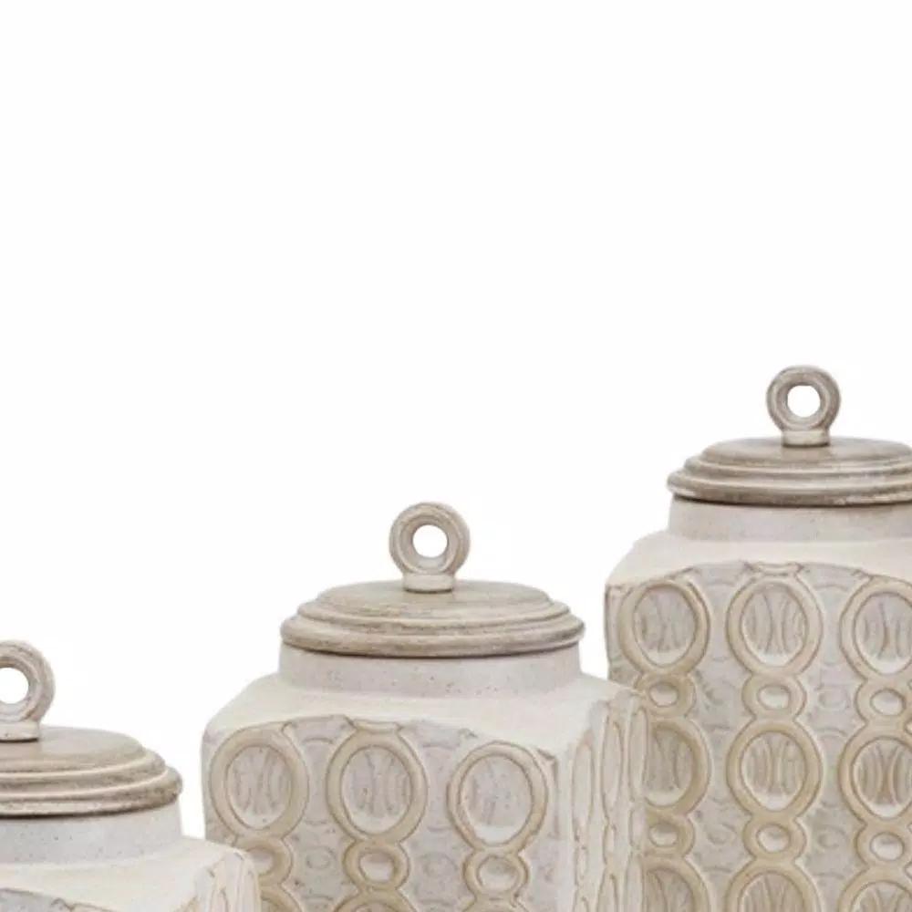 Benjara Dreanna 3-Piece White Ceramic and Mango Wood Canister Set with Distressed Cream Finish