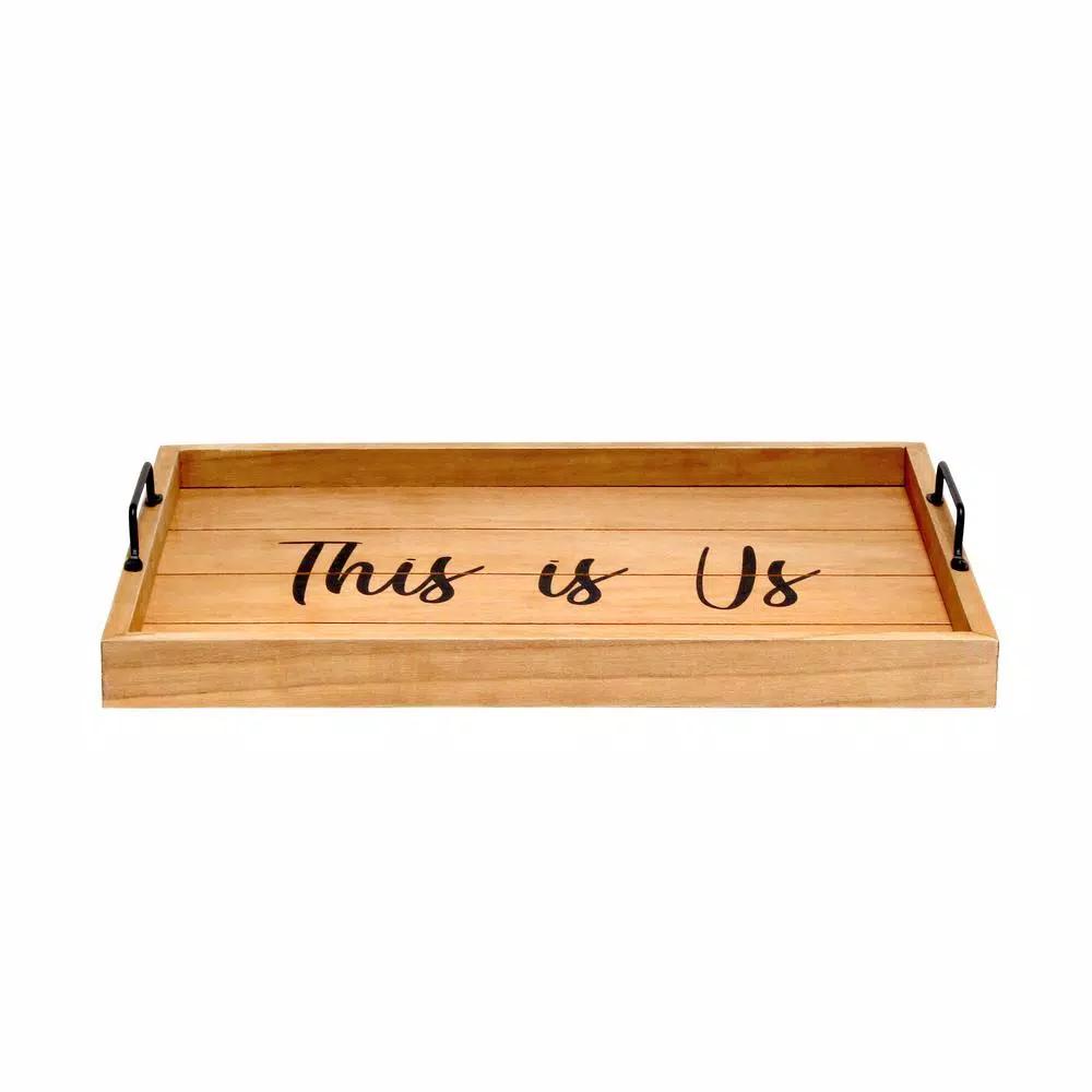 Elegant Designs Natural Wood Decorative Serving Tray with Black Metal Handles - 