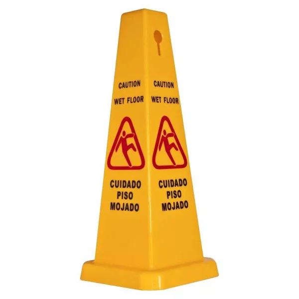 Genuine Joe Bright Yellow 4-Sided Caution Safety Cone - High Visibility Floor Sign