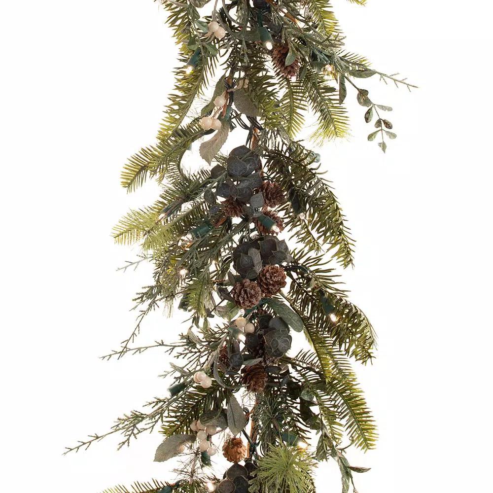 Village Lighting Company 9 ft. Pre-Lit LED Rustic White Berry Garland with Pinecones and Greenery