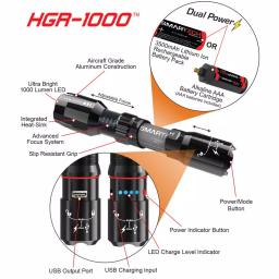 Smartech Products HGR-1000 1000 Lumens Dual Powered Rechargeable LED Flashlight and 3500 mAh Power Bank thumbnail 3