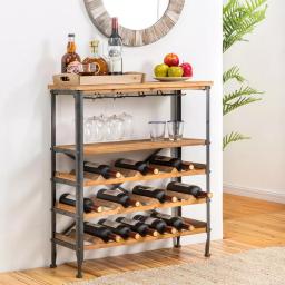 Glitzhome 34.25 in. Vintage Wood and Iron Wine Bottle and Glass Rack thumbnail 8