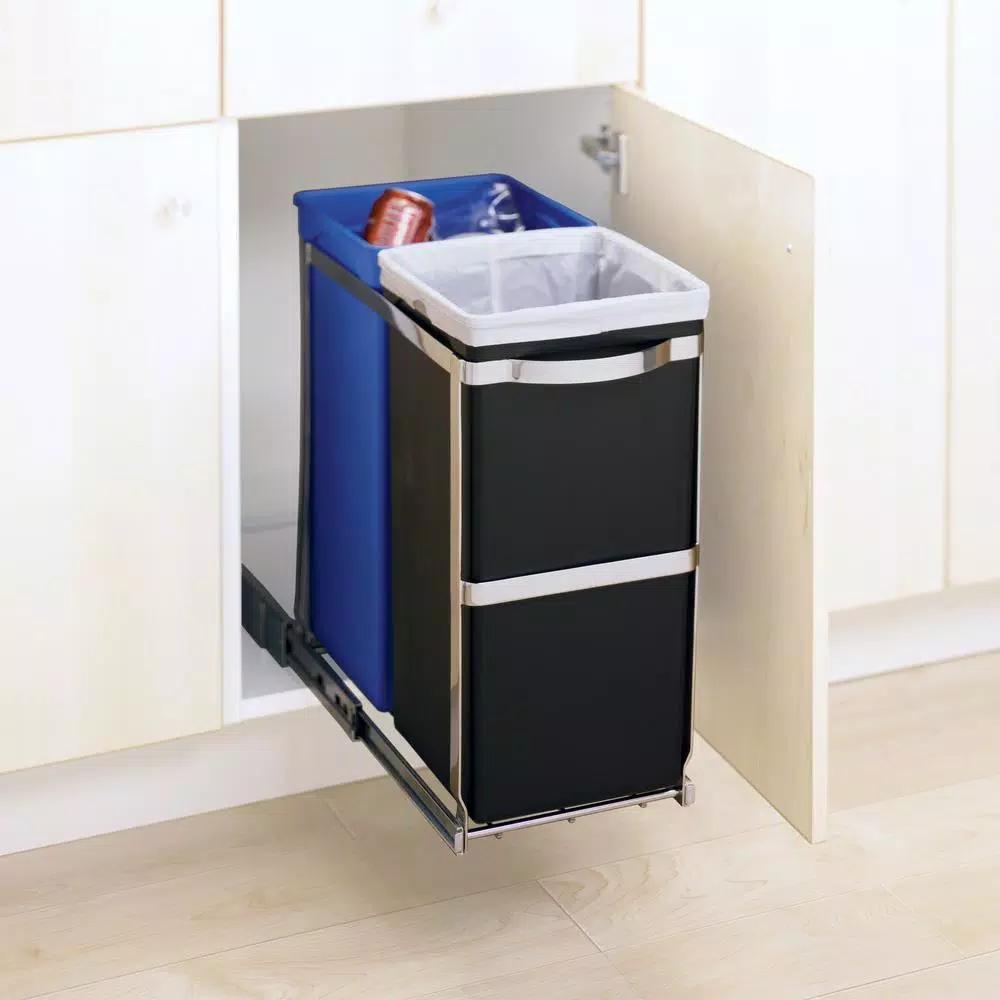 simplehuman 35-Liter Commercial-Grade Under-Counter Pull-Out Dual Recycling Trash Can, Stainless Steel