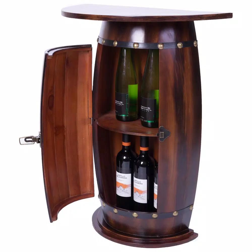 Vintiquewise Rustic Wooden Barrel Shaped Wine Bar Cabinet with Lockable Latch and 10-Bottle Storage