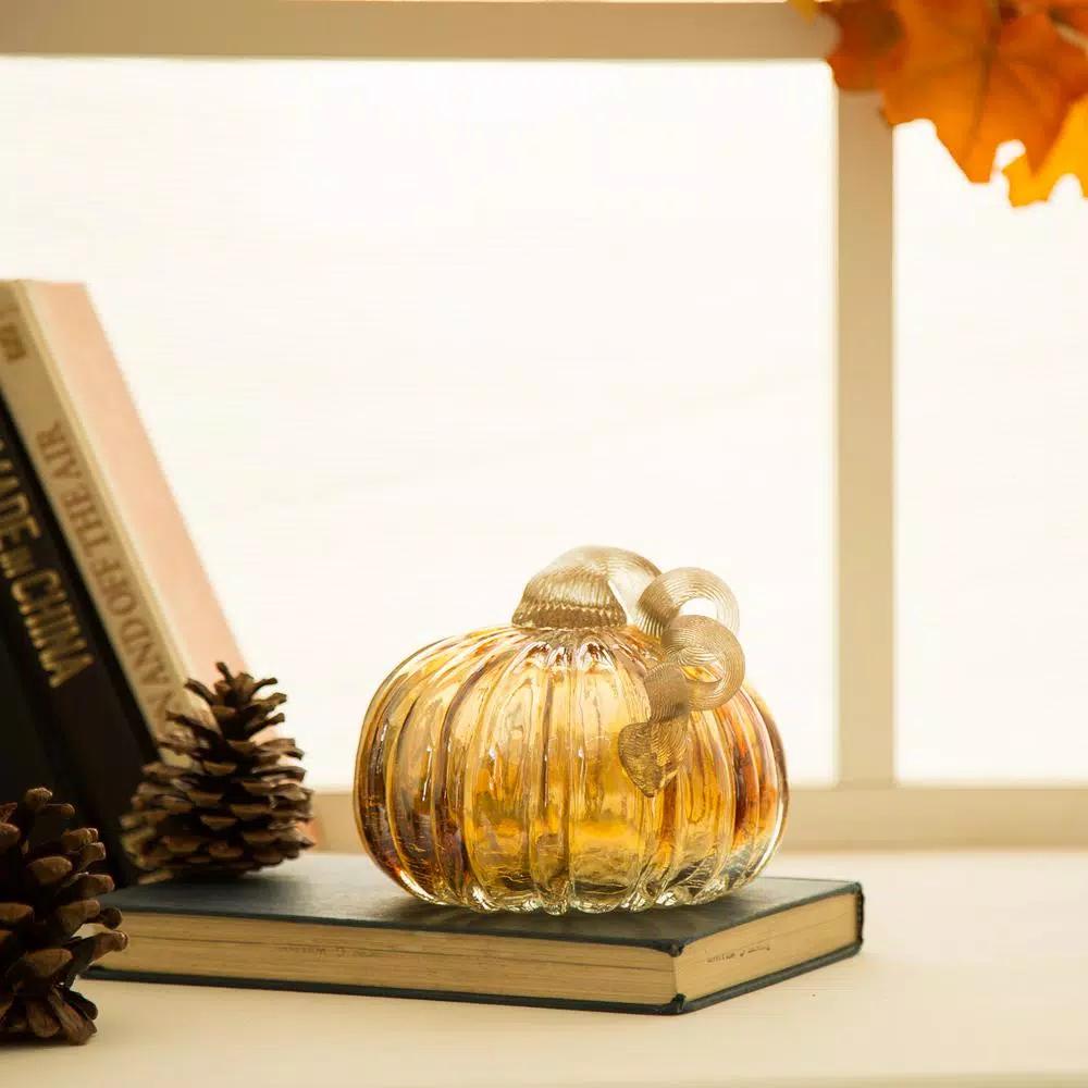 Glitzhome Set of 2 Green and Amber Crackle Glass Short Pumpkins, 4.72 in. Handmade Fall Decor