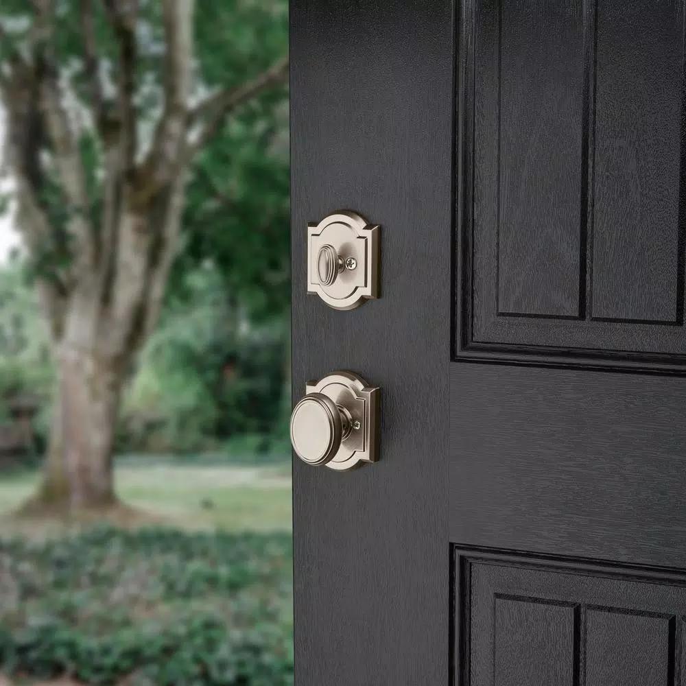 Baldwin Prestige Wesley Single Cylinder Satin Nickel Handleset with Arch Rose Carnaby Knob and SmartKey Security